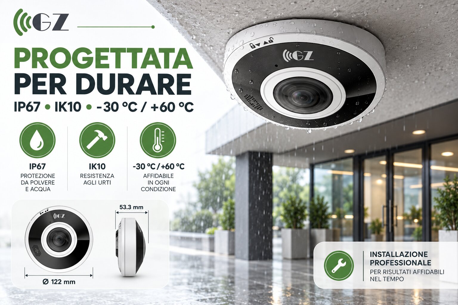 Telecamera GZFISH14-5M-IK con protezioni IP67 IK10 e funzionamento da meno 30 a più 60 gradi